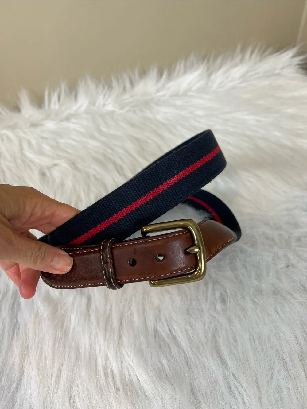 Orvis Surcingle navy and red cotton webbed belt with leather and brass 44